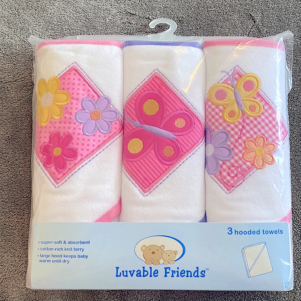 Luvable Friends Hooded Towels Set of 3 Butterflies Flowers Pink Gingham 28 x 28
